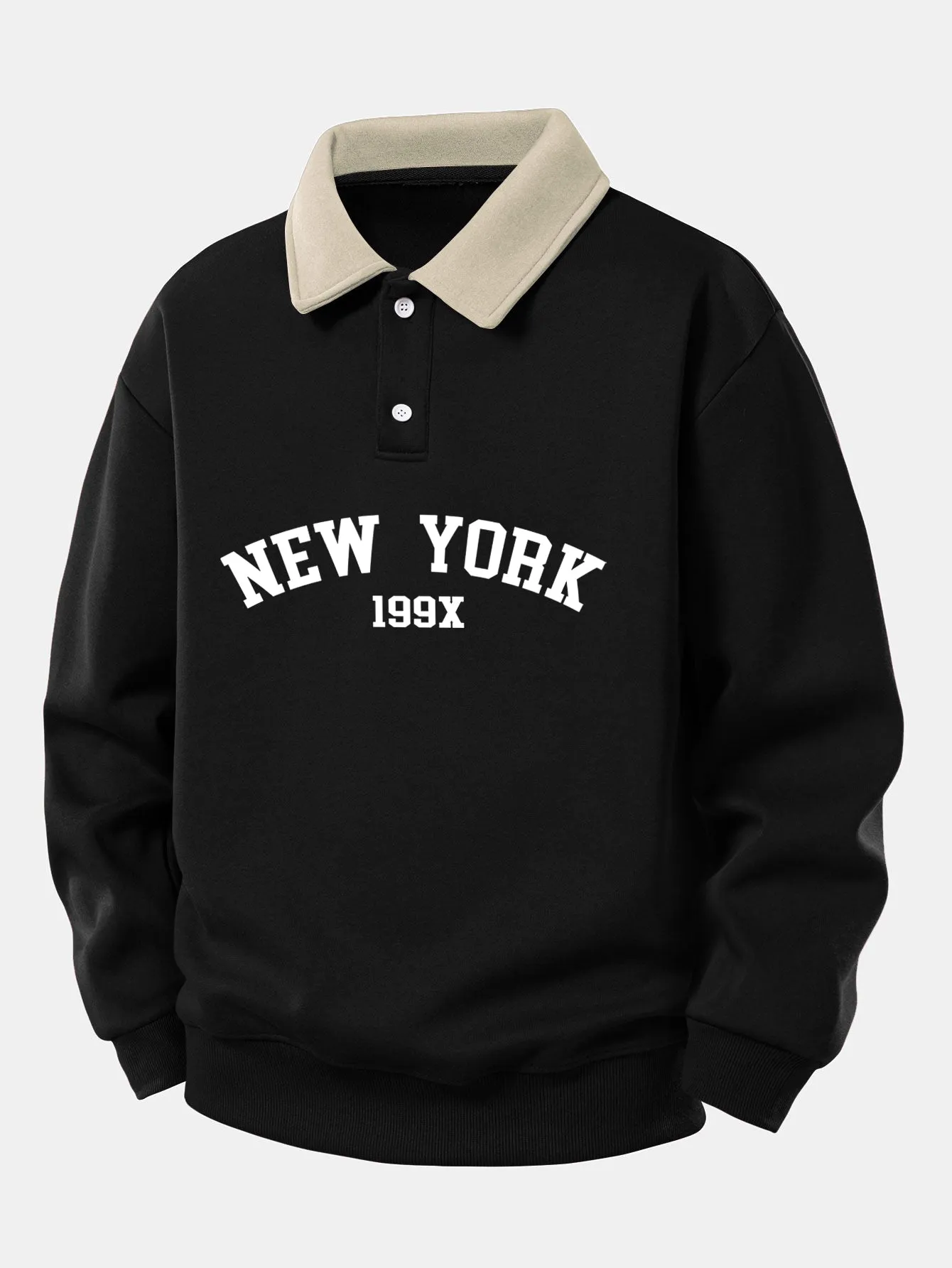 Relax Fit New York Print Contrast Polo Sweatshirt sold by Hoooyi