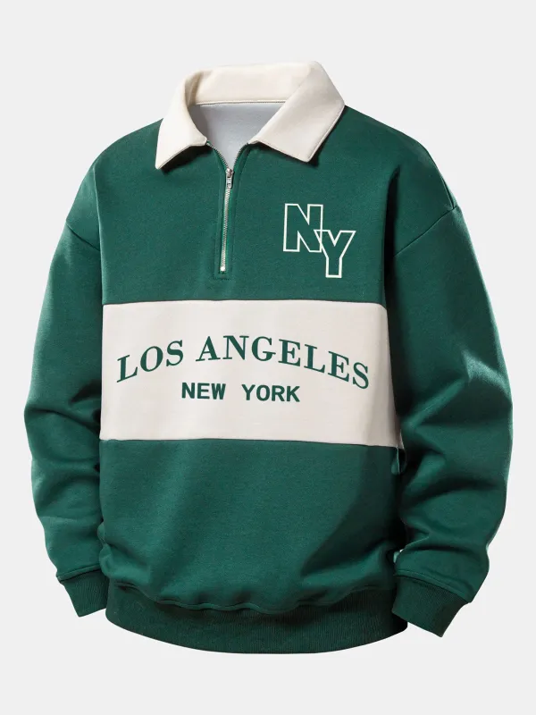 Los Angeles Print Contrast Zipper Polo Sweatshirt sold by Hoooyi