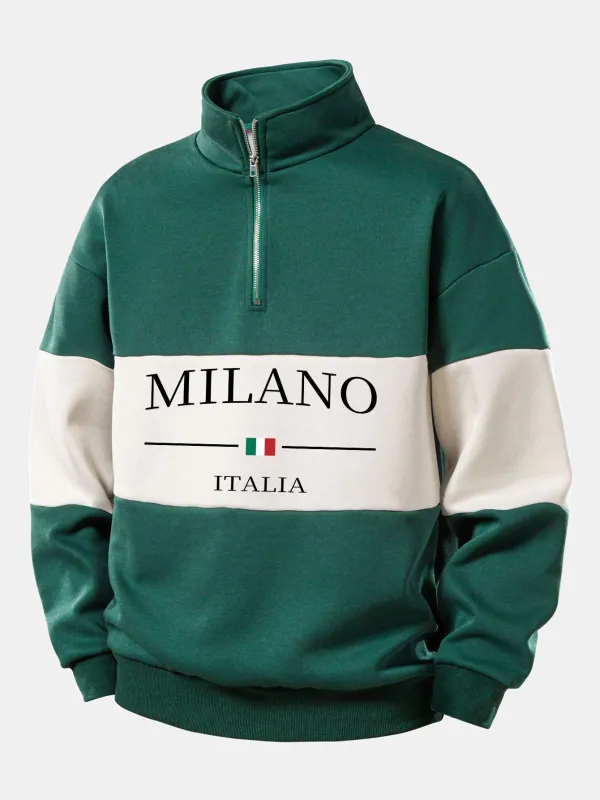 Relax Fit Milano Print Contrast Color Quarter Zip Sweatshirt sold by Hoooyi
