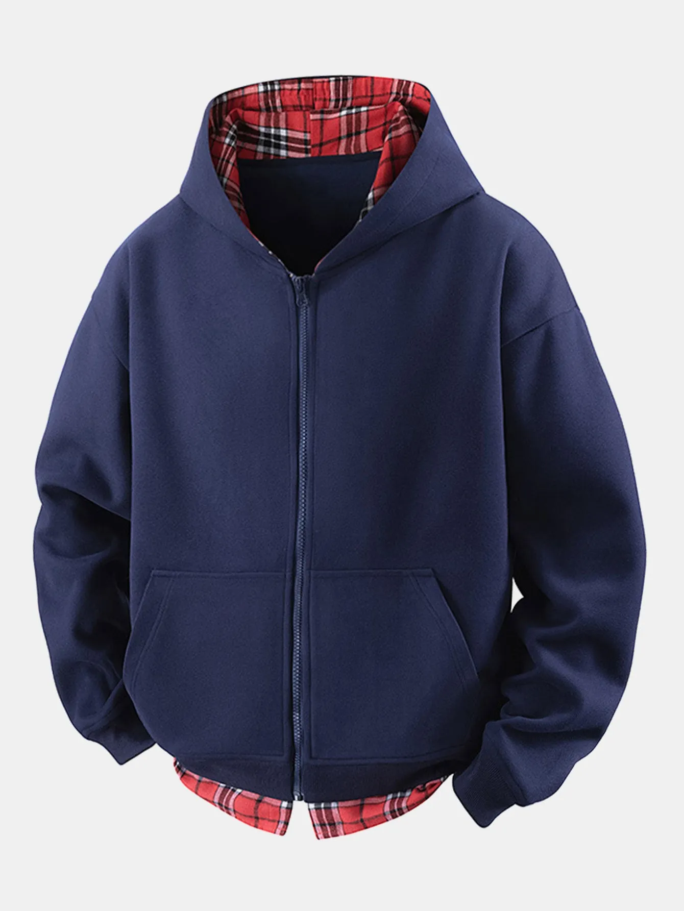 2 In 1 Plaid Zipper Kangaroo Pocket Hoodie sold by Hoooyi