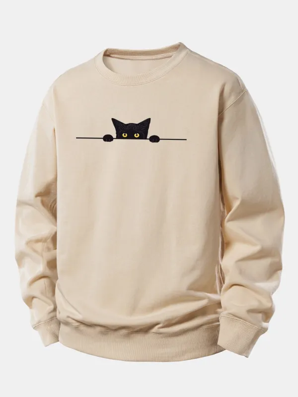 Black Cat Print Relax Fit Sweatshirt sold by Hoooyi