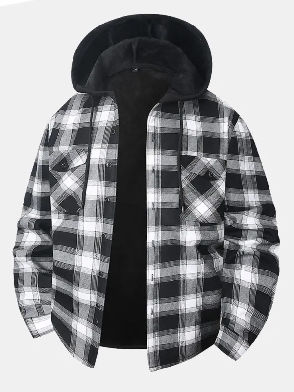 Flannel Fleece Lined Button Up Hooded Shirt sold by Hoooyi