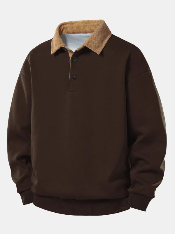 Relax Fit Contrast Corduroy Polo Collar Sweatshirt sold by Hoooyi