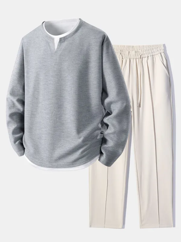 Relax Fit Long Sleeve 2 In 1 Waffle T-Shirt & Single Pleat Drawstring Straight Leg Pants sold by Hoooyi