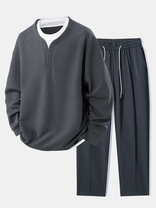 Raglan Sleeve 2 In 1 Waffle T-Shirt & Single Pleat Drawstring Straight Leg Pants sold by Hoooyi