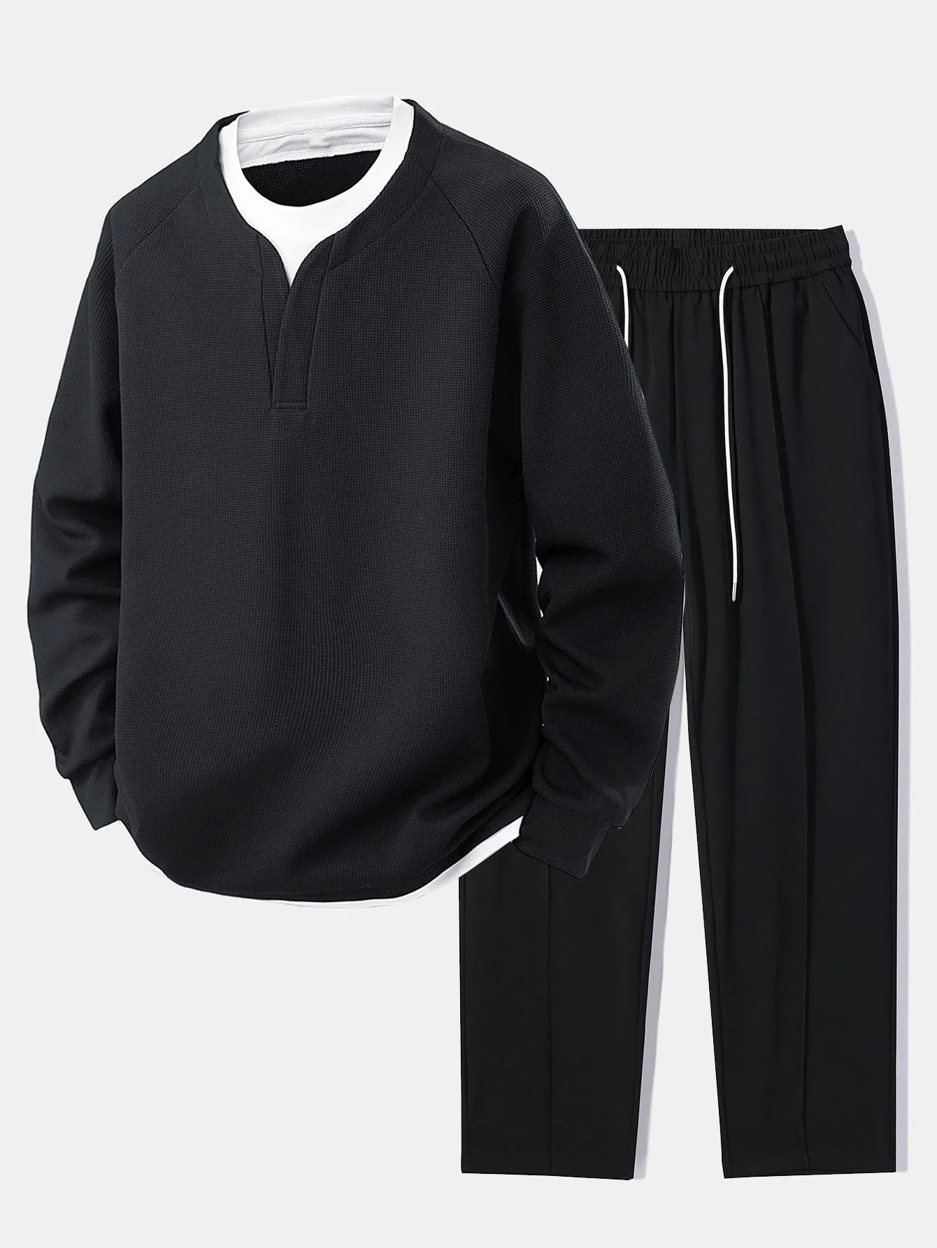 Raglan Sleeve 2 In 1 Waffle T-Shirt & Single Pleat Drawstring Straight Leg Pants sold by Hoooyi product image thumbnail 3