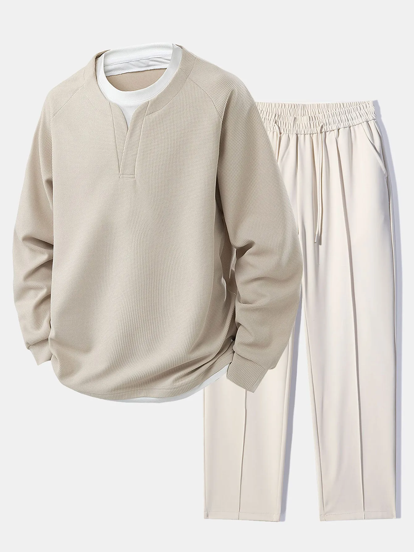 Raglan Sleeve 2 In 1 Waffle T-Shirt & Single Pleat Drawstring Straight Leg Pants sold by Hoooyi product image thumbnail 2