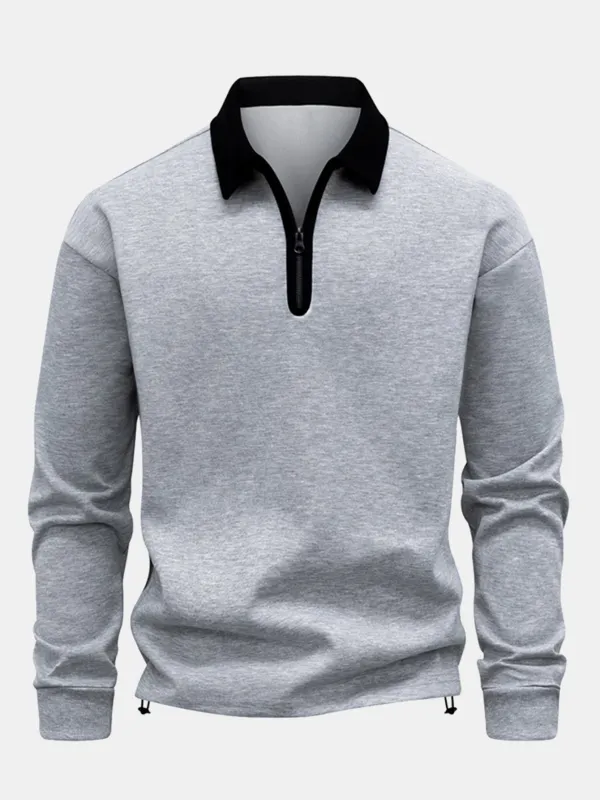 Contrast Zipper Polo Collar Sweatshirt sold by Hoooyi