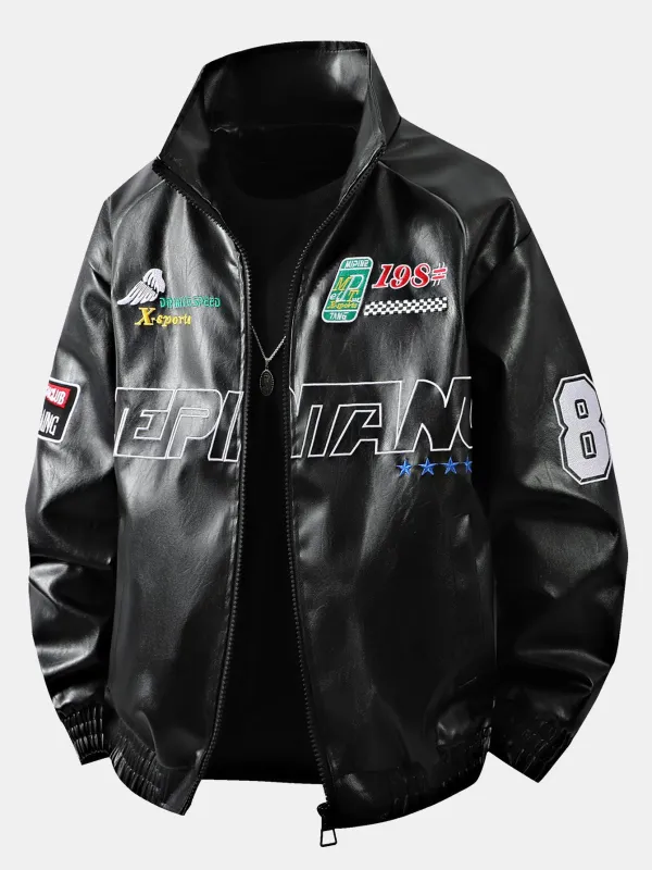 Fleece Lined Embroidery Leather Racing Jacket sold by Hoooyi