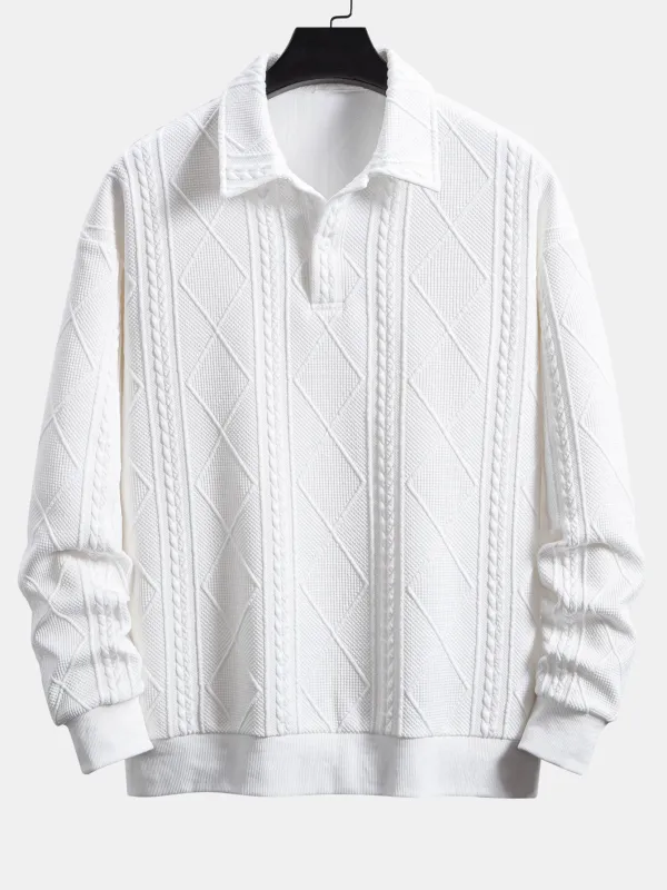 Geometric Jacquard Polo Collar Sweatshirt sold by Hoooyi