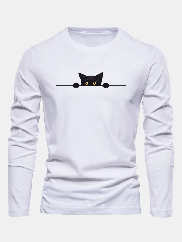 Long Sleeve Black Cat Print Cotton T-Shirt sold by Hoooyi