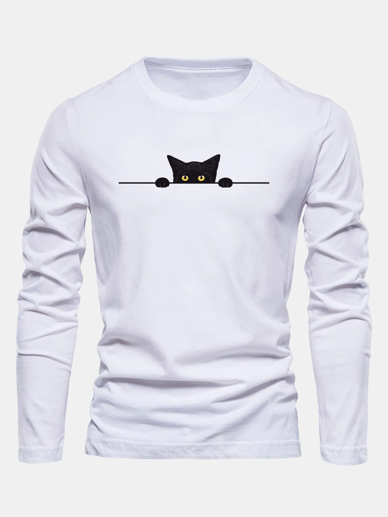 Long Sleeve Black Cat Print Cotton T-Shirt sold by Hoooyi
