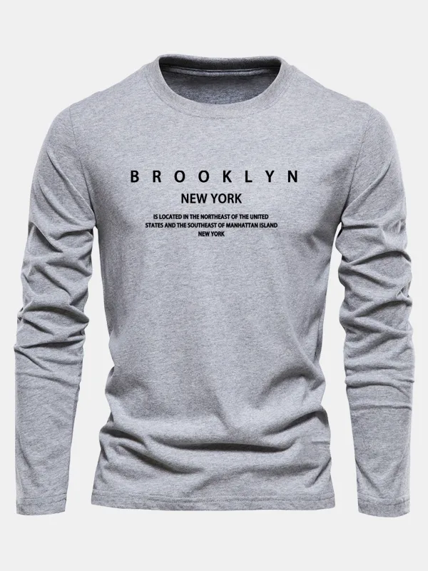 Long Sleeve NY Brooklyn Print Cotton T-Shirt sold by Hoooyi