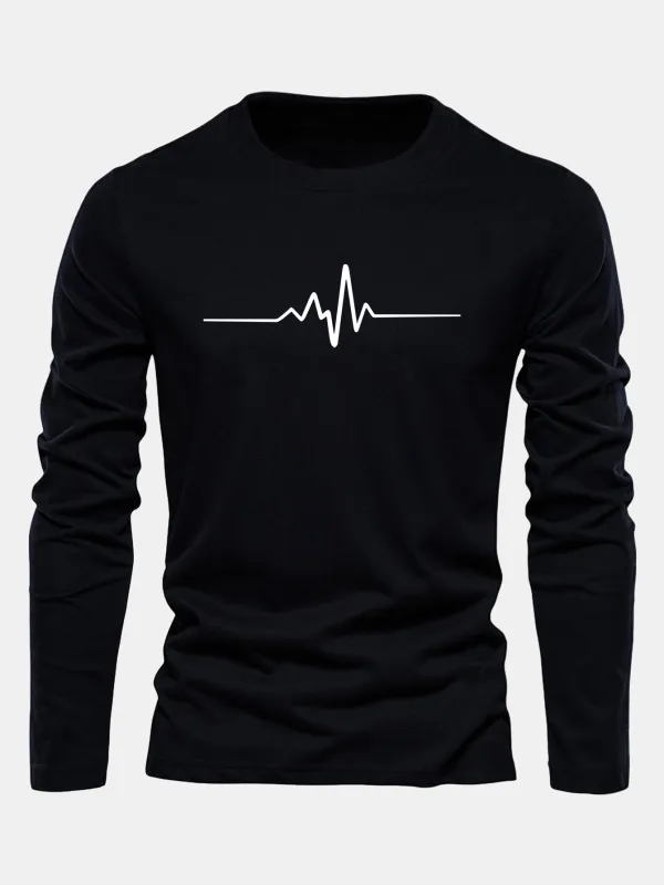 Long Sleeve Heartbeat Print Cotton T-Shirt made by Hoooyi