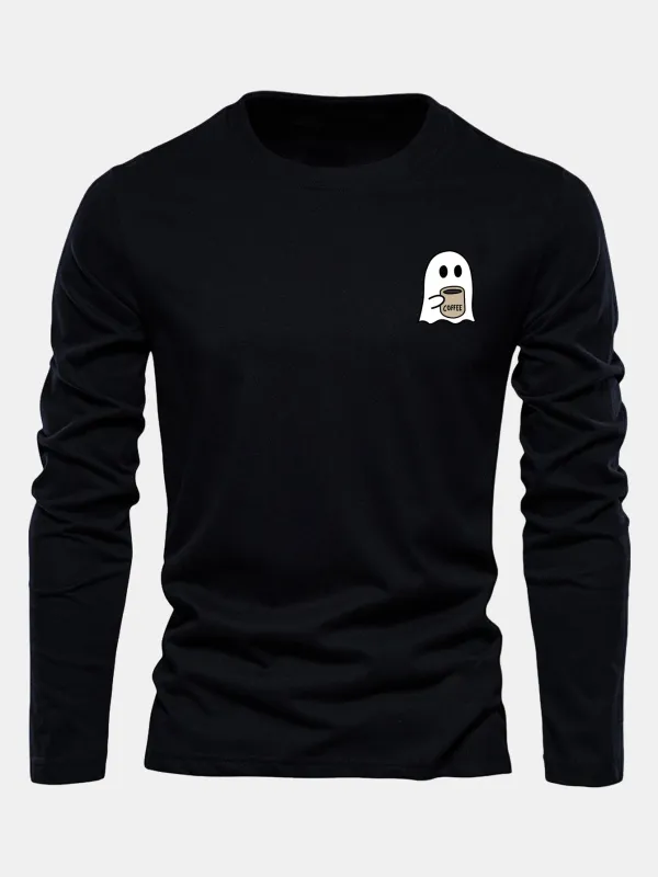 Long Sleeve Ghost Drinking Coffee Print Cotton T-Shirt made by Hoooyi