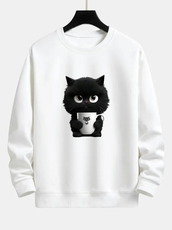 Black Cat Print Relax Fit Sweatshirt sold by Hoooyi