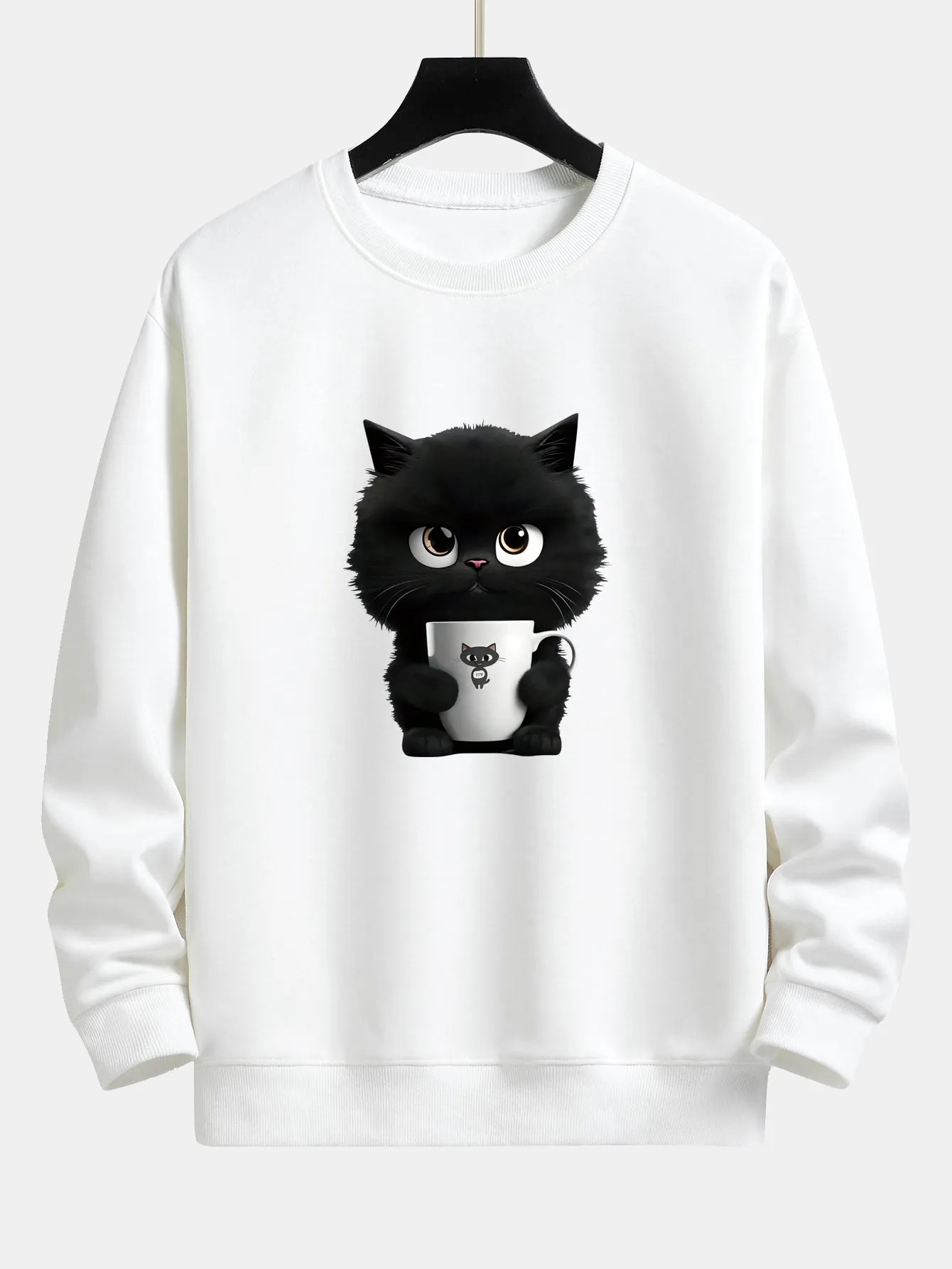 Black Cat Print Relax Fit Sweatshirt sold by Hoooyi