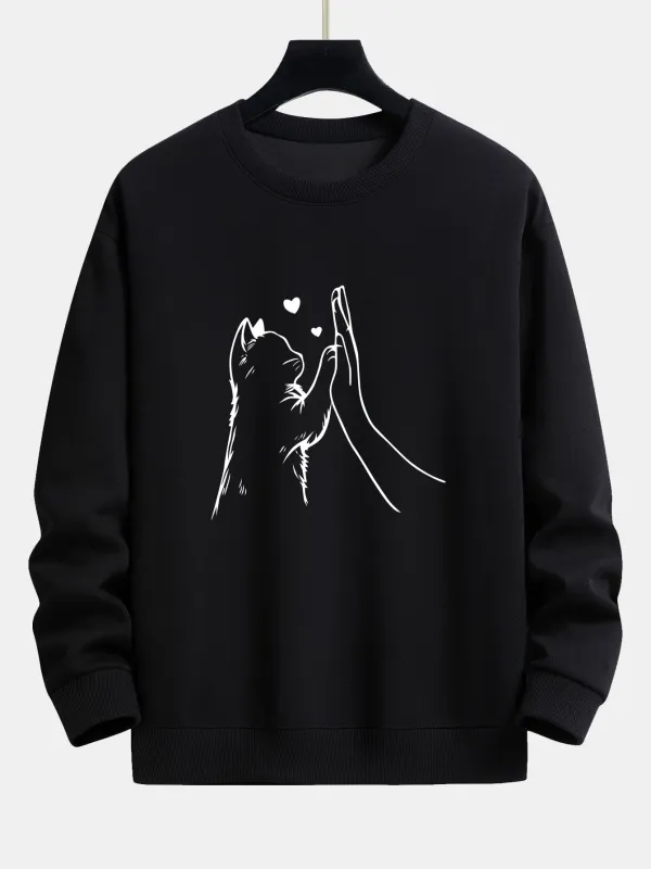 Cat High-Five Print Relax Fit Sweatshirt sold by Hoooyi