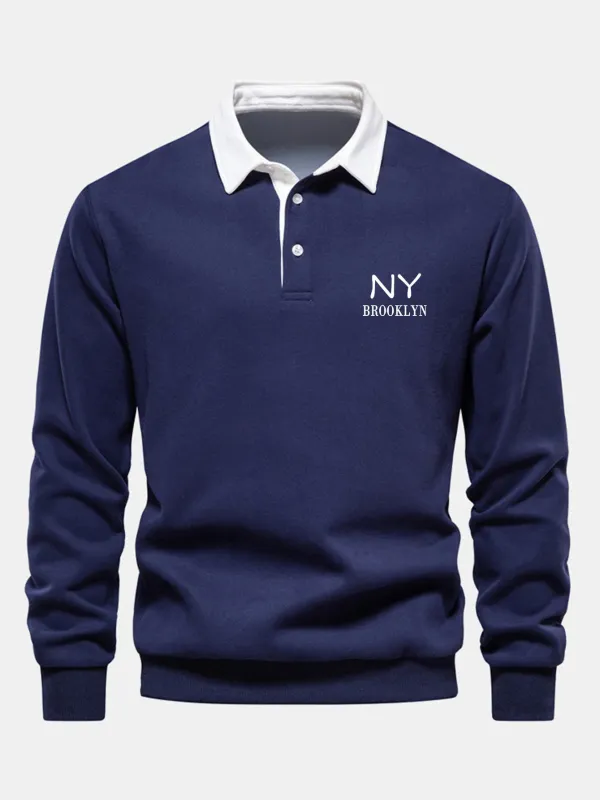 New York Print Contrast Polo Collar Sweatshirt sold by Hoooyi