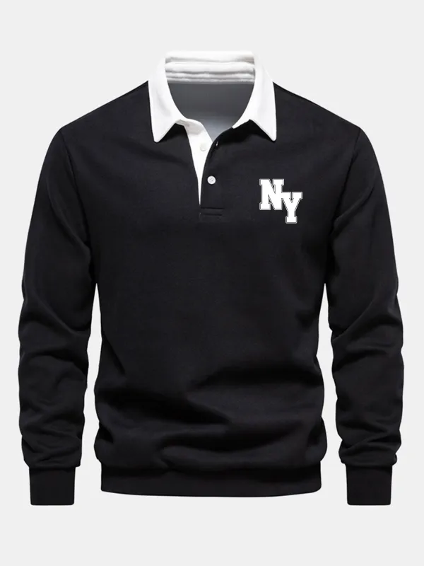 New York Print Contrast Polo Collar Sweatshirt sold by Hoooyi