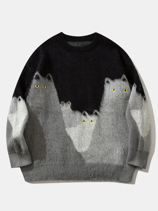 Cat Print Knit Sweater sold by Hoooyi