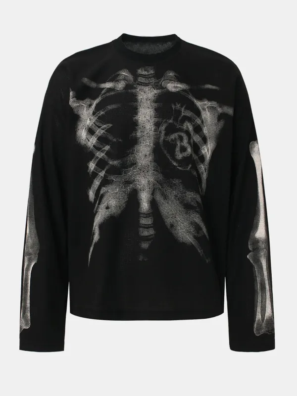 Oversize Skeleton Print Waffle T-Shirt made by Hoooyi