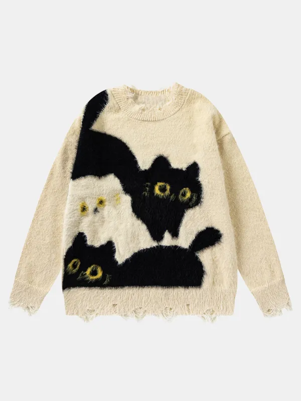 Cat Printed Distressed Knit Sweater sold by Hoooyi