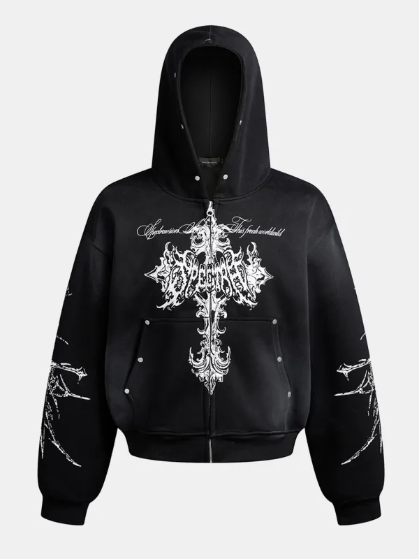 Distressed Cross Print Zipper Hoodie sold by Hoooyi