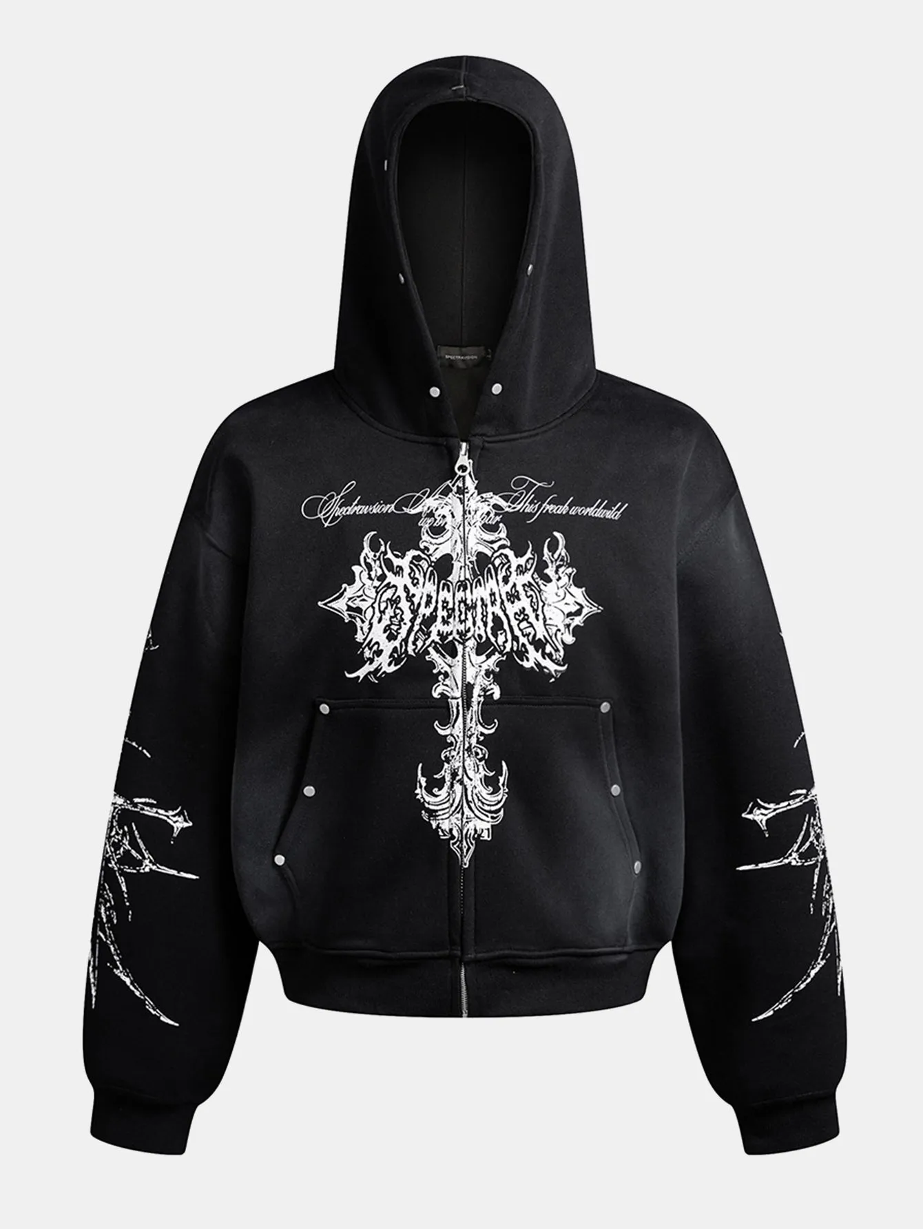Distressed Cross Print Zipper Hoodie sold by Hoooyi