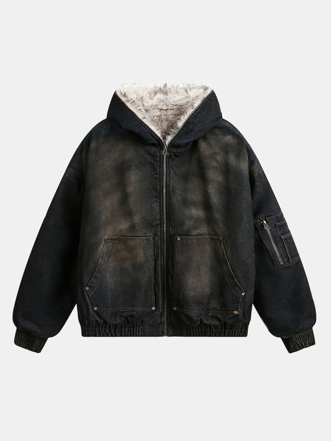 Boxy Faux Fur Collar Washed Denim Hooded Jacket sold by Hoooyi product image thumbnail 2