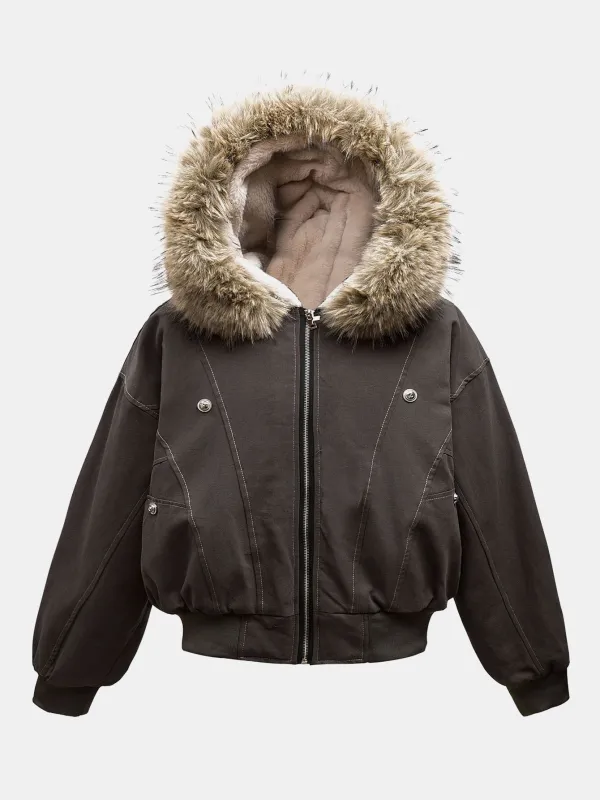 Boxy Faux Fur Collar Hooded Jacket sold by Hoooyi