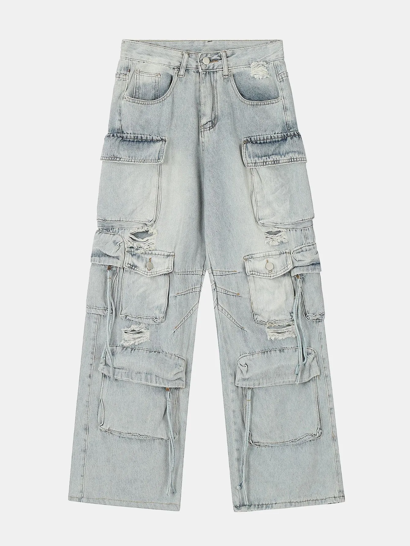 Washed Distressed Baggy Denim Cargo Pants sold by Hoooyi
