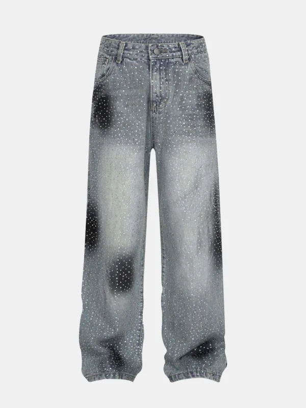 Rhinestone Washed Distressed Denim Wide-Leg Pants sold by Hoooyi