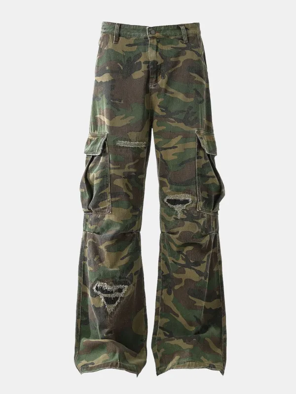 Baggy Fit Camo Ripped Wide Leg Pants sold by Hoooyi