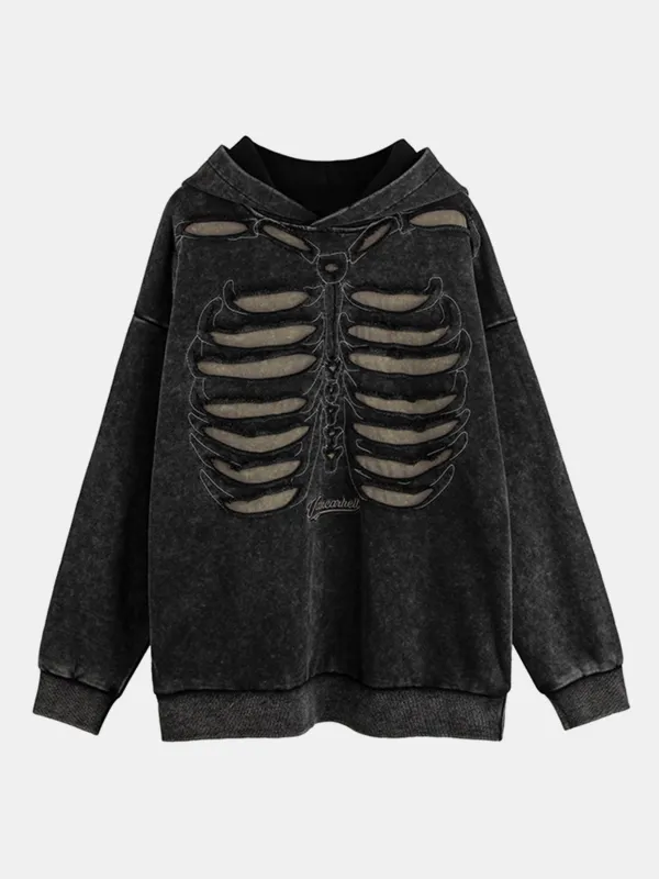 Oversize Skeleton Washed Distressed Hoodie sold by Hoooyi