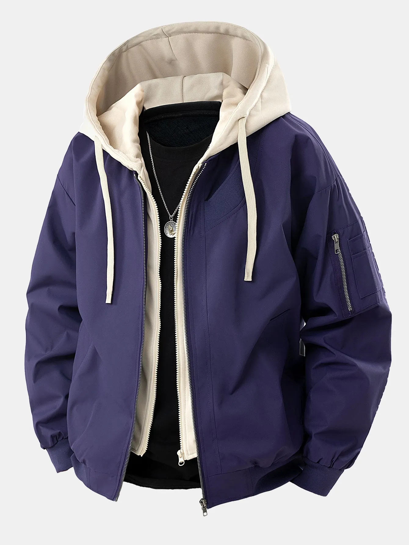 Contrast 2 In 1 Hooded Bomber Jacket sold by Hoooyi product image thumbnail 3