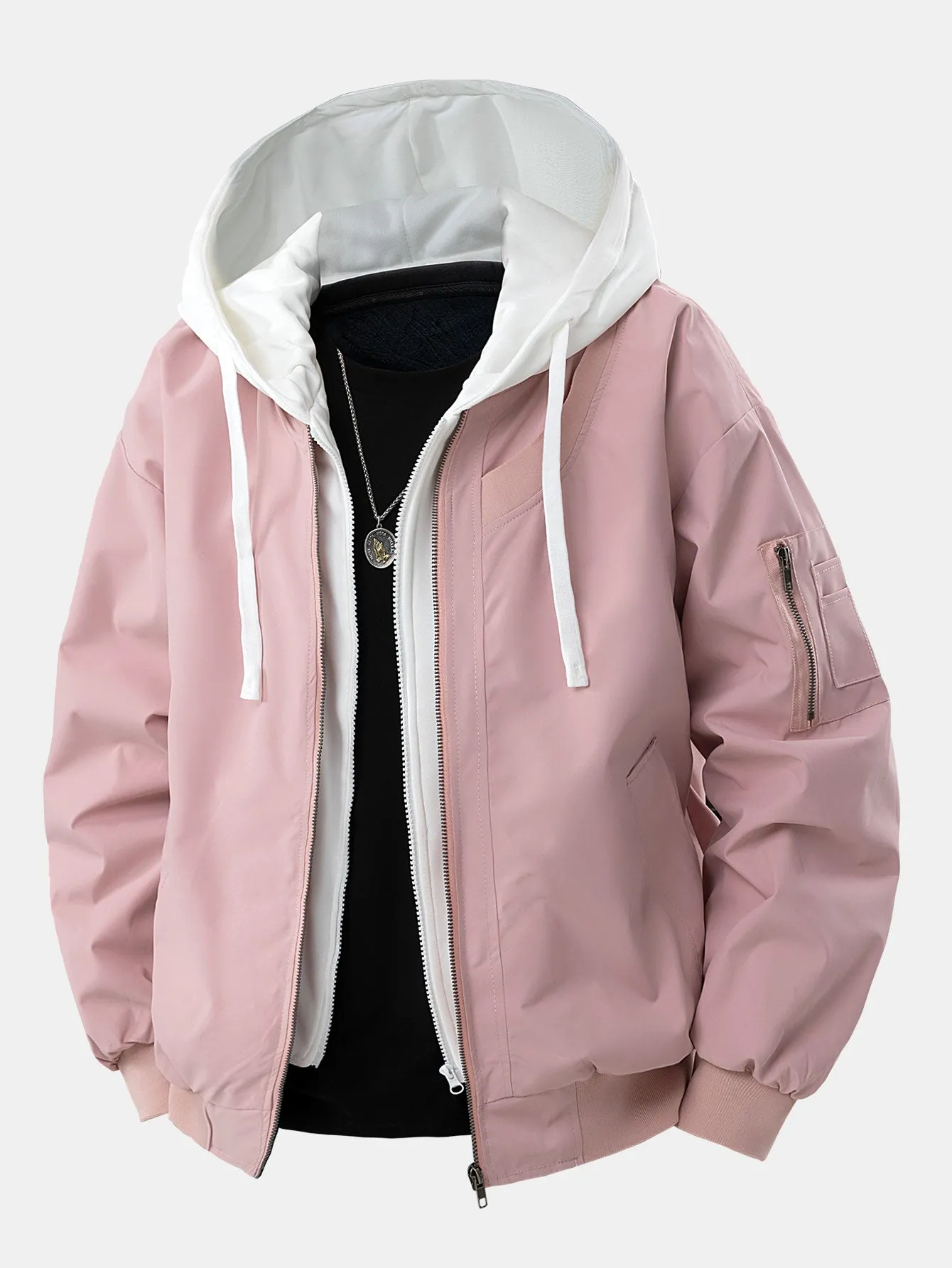 Contrast 2 In 1 Hooded Bomber Jacket sold by Hoooyi product image thumbnail 2