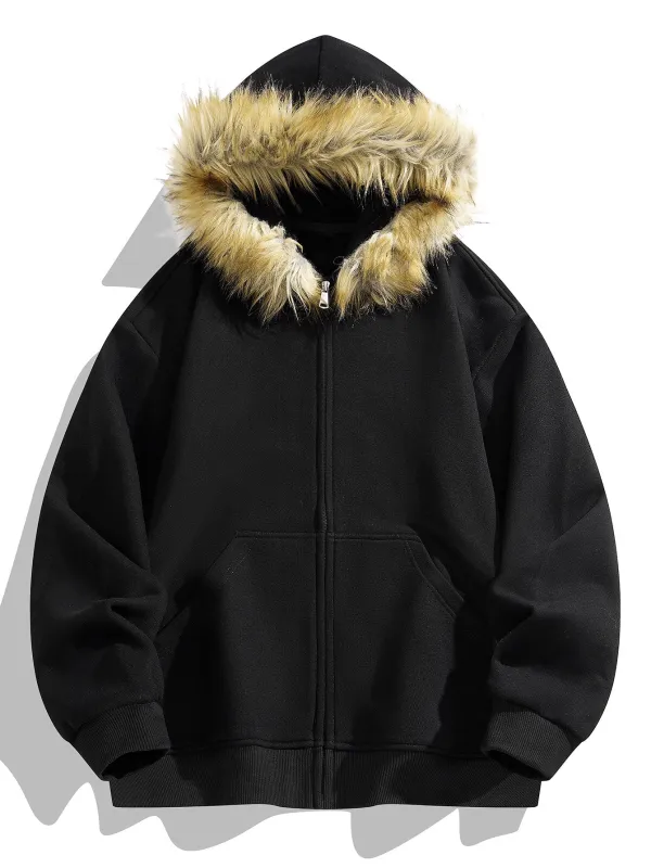 Relax Fit Faux Fur Collar Zip-Up Hoodie sold by Hoooyi