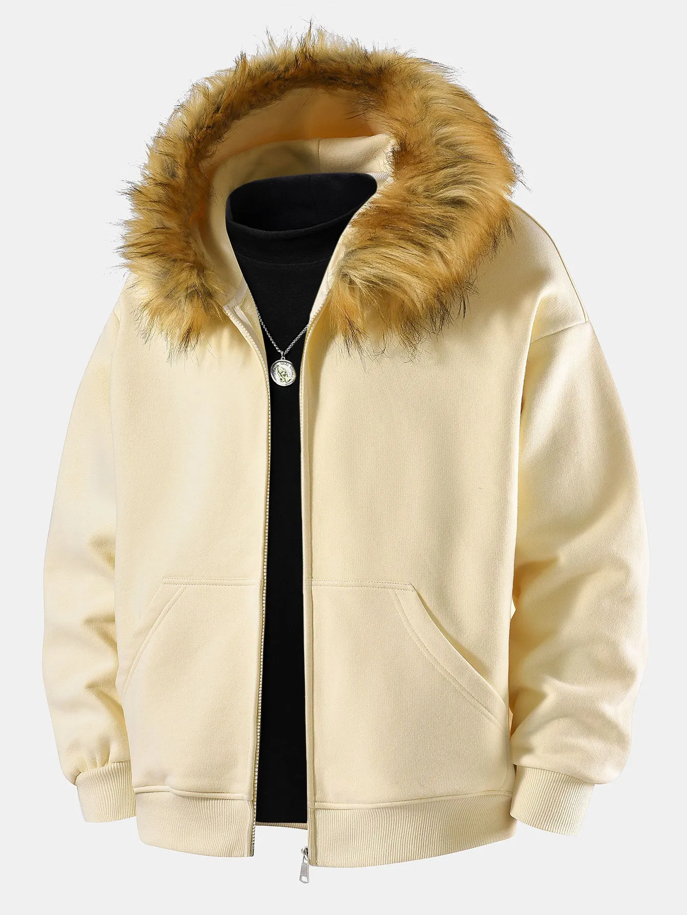 Relax Fit Faux Fur Collar Zip-Up Hoodie sold by Hoooyi product image thumbnail 5