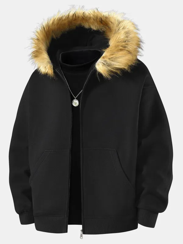 Relax Fit Faux Fur Collar Zip-Up Hoodie sold by Hoooyi