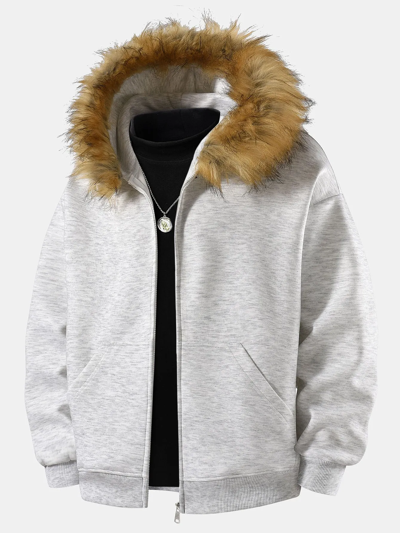 Relax Fit Faux Fur Collar Zip-Up Hoodie sold by Hoooyi product image thumbnail 3