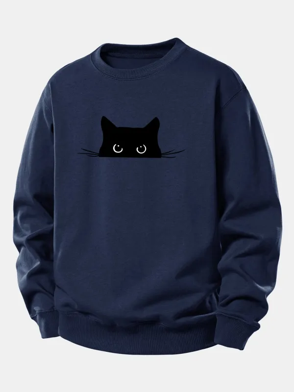 Black Cat Print Relax Fit Sweatshirt sold by Hoooyi
