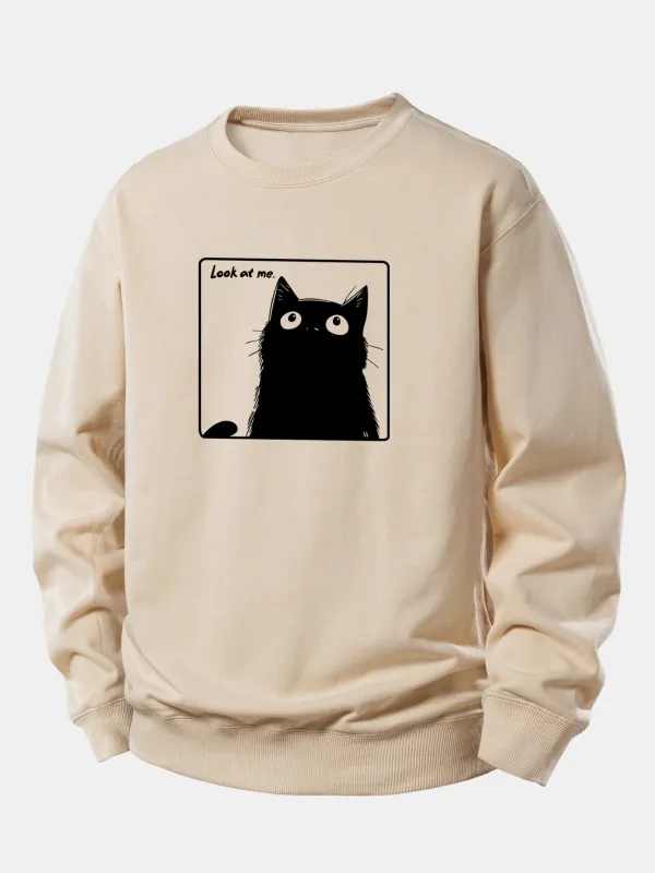 Black Cat Print Relax Fit Sweatshirt sold by Hoooyi
