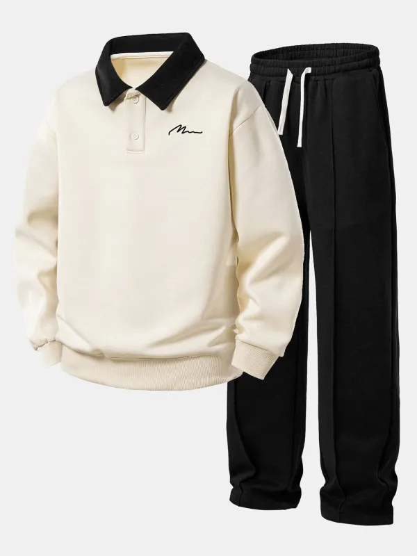 Relax Fit Letter Print Contrast Polo Sweatshirt & Straight Leg Pleated Pintuck Sweatpants sold by Hoooyi