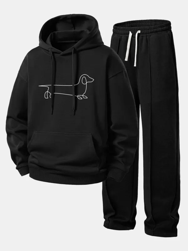 Line Dachshund Print Relax Fit Hoodie & Straight Leg Pleated Pintuck Sweatpants made by Hoooyi