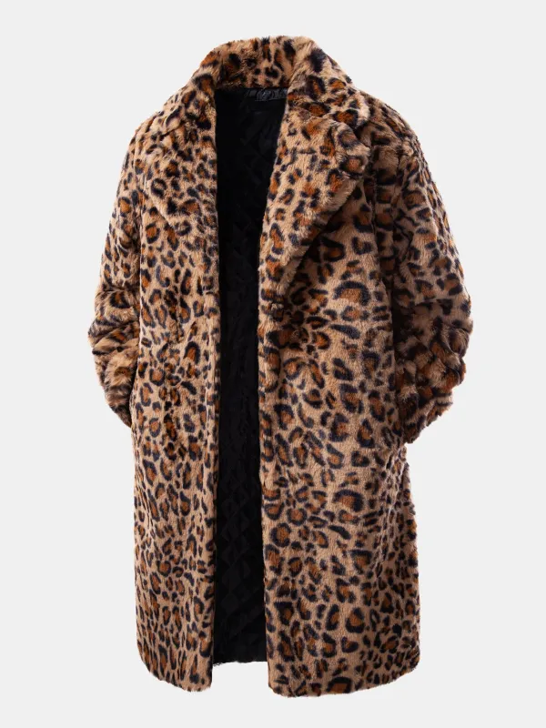 Faux Fur Leopard Notch Lapel Overcoat sold by Hoooyi