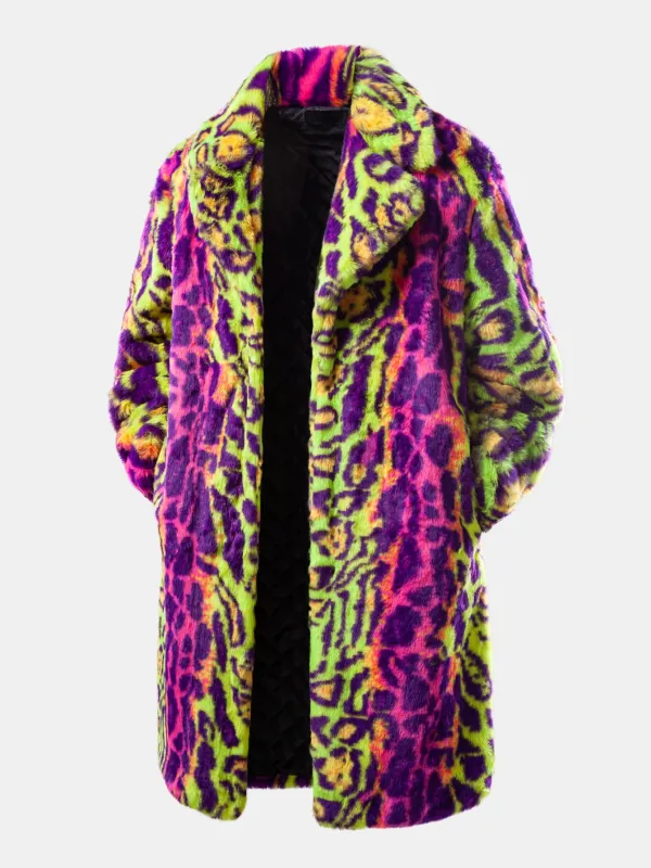 Faux Fur Colorful Leopard Notch Lapel Overcoat sold by Hoooyi