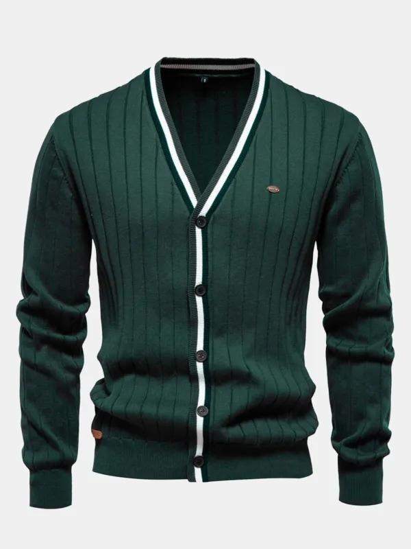 Ribbed Cardigan With Stripe Trim sold by Hoooyi