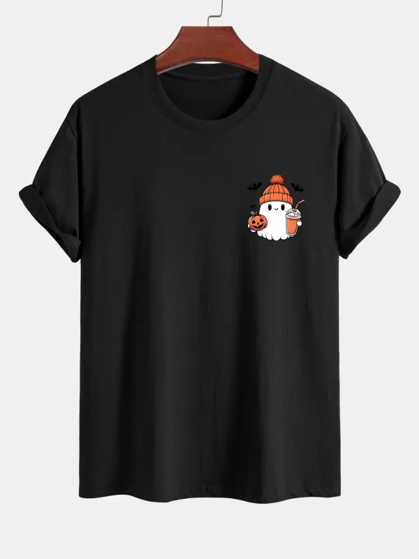 Regular Fit Halloween Ghost Pumpkin Print Cotton T-Shirt sold by Hoooyi