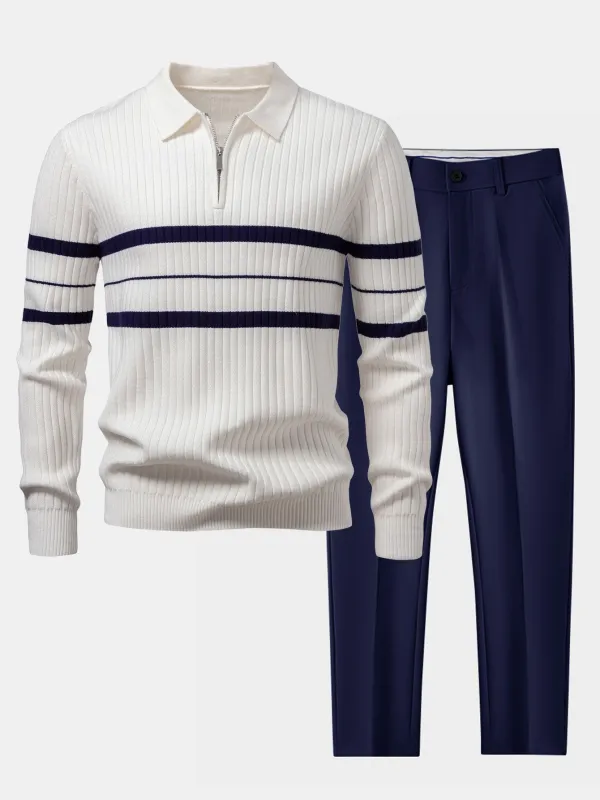 Stripe Zip Knit Ribbed Polo Shirt & Slim Fit Tapered Trousers sold by Hoooyi